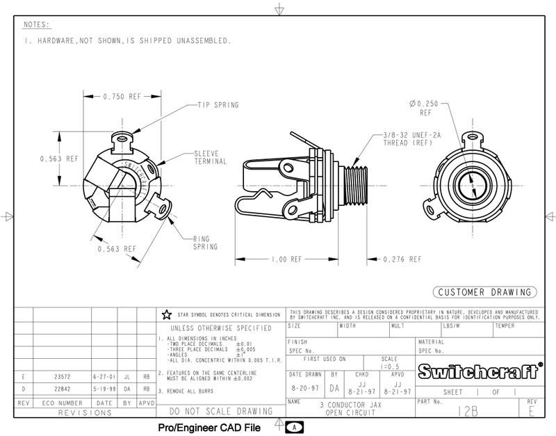 Switchcraft Type 12B (Pack of 2) Stereo 3-Conductor Input Jack, 1/4", Double Open Circuit, Made in USA - Image 3